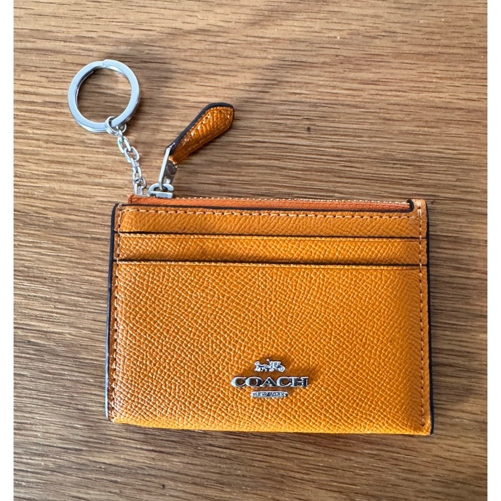 Coach Mini Coin Pouch ID Card Key Holder Skinny Leather Wallet Yellow Papaya